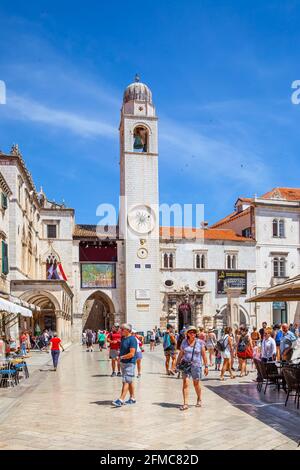 Dubrovnik, Croatia - Jine 12, 2017: Square with walking people in the Old Town of Dubrovnik. Cityscape Stock Photo