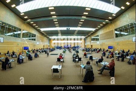 Schleswig, Germany. 08th May, 2021. Delegates of the Südschleswigsche Wählerverband (SSW) sit in the A. P. Moeller School during their extraordinary state party conference for the top candidacy for the Bundestag election. Credit: Axel Heimken/dpa/Alamy Live News Stock Photo