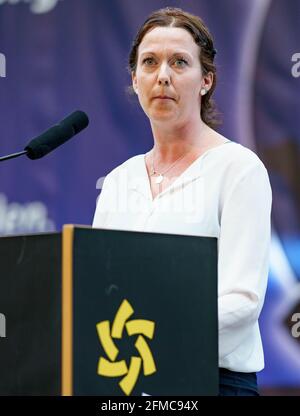 Schleswig, Germany. 08th May, 2021. Sybilla Nitsch (SSW, 40), candidate for list position 1 of her party, speaks during the extraordinary state party conference for the top candidacy for the Bundestag election at the A. P. Moeller School. Credit: Axel Heimken/dpa/Alamy Live News Stock Photo