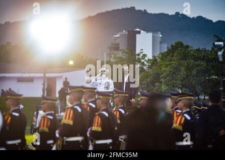 San Salvador, El Salvador. 07th May, 2021. President Nayib Bukele (R) inspects troops while riding on an army ceremonial car at a ceremony to commemorate the 197 anniversary of El Salvador's Armed Force. The Salvadoran army is 197 years old and every May 7th it commemorates the 'Day of the Salvadoran soldier.' President Nayib Bukele incorporated 135 cadets to the army during the 197th anniversary celebrations. Credit: SOPA Images Limited/Alamy Live News Stock Photo