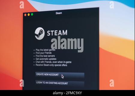New york, USA - April 19, 2021: Login in steam account on laptop screen macro close up view Stock Photo