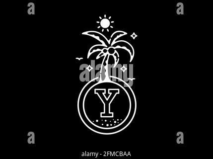 White black line art illustration of coconut tree in the beach with Y initial letter design Stock Vector