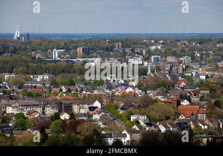 Herten, Ruhr area, North Rhine-Westphalia, Germany - City view Herten, at the back left the winding tower of the disused coal mine Schlaegel & Eisen. Stock Photo