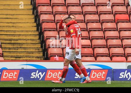 Barnsley, UK. 08th May, 2021. Cauley Woodrow #9 of Barnsley celebrates his goal to make it 1-0 in Barnsley, United Kingdom on 5/8/2021. (Photo by Mark Cosgrove/News Images/Sipa USA) Credit: Sipa USA/Alamy Live News Stock Photo