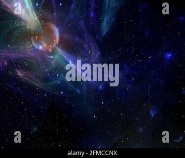 Mysteric distant planet in starry space with light rays. Elements of this image furnished by NASA. Stock Photo