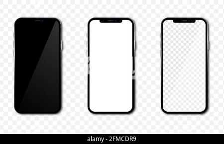 Set of realistic smartphone mockup. Mobile phone blank, white, black and transparent screen design. Vector design isolated on transparent background Stock Vector
