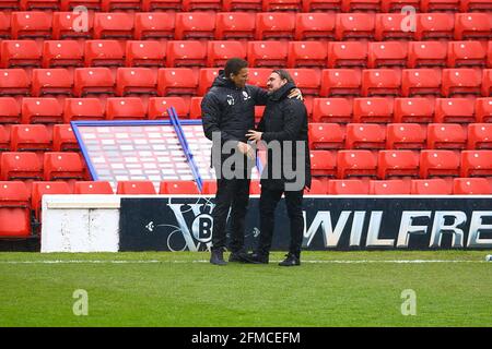 Oakwell, Barnsley, England - 8th May 2021 Barnsley manager Valrien Isma‘l meets Daniel Farke Manager of Norwich City before the game Barnsley v Norwich City, Sky Bet EFL Championship 2020/21, at Oakwell, Barnsley, England - 8th May 2021 Credit:  Arthur Haigh/WhiteRosePhotos/Alamy Live News                                       Oakwell, Barnsley, England - 8th May 2021  during the game Barnsley v Norwich City, Sky Bet EFL Championship 2020/21, at Oakwell, Barnsley, England - 8th May 2021 Credit:  Arthur Haigh/WhiteRosePhotos/Alamy Live News Stock Photo