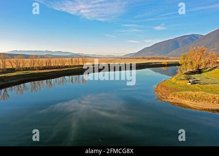 Kootenai River and agriculture fields near Copeland in spring. Boundary County, North Idaho. (Photo by Randy Beacham) Stock Photo