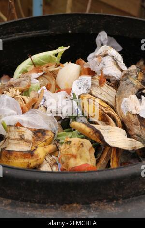 Contents of an outdoor compost bin including vegetable waste to produce environmentally friendly garden compost and reduce waste. Stock Photo