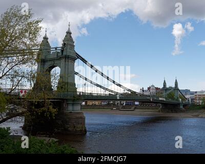 London, Greater London, England - May 04 2021: Hammersmith Bridge, a suspension bridge over the River Thames. Stock Photo