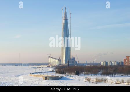 ST PETERSBURG, RUSSIA - FEBRUARY 08, 2018: View of the construction of the Lakhta Center skyscraper. The northernmost and tallest skyscraper in Europe Stock Photo