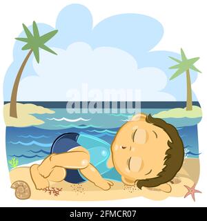 Little baby sleeping. Boy. Asleep. Isolated object on a white background. Cheerful kind funny. Cartoons flat style. Preschool age. Childhood Vector. Stock Vector