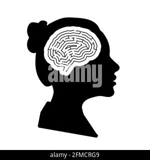 Black detailed woman face profile with maze brain in head on white Stock Vector