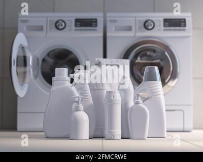 Washing machine, detergent bottles and powder. 3d illustration Stock Photo