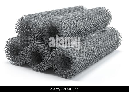 Coils of steel wire. Rabitz mesh netting rolls isolated on white. 3d illustration Stock Photo