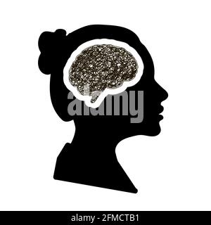 Black detailed woman face profile with brain brain with round messy doodle hatching in head, depression concept on white Stock Vector