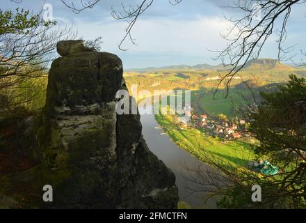 Panorama view from the Bastei over the river Elbe to the landscape of Saxon Switzerland Stock Photo