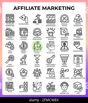 Affiliate marketing concept line icons set in modern style for ui, ux, web, app, brochure, flyer and presentation design, etc. Stock Vector