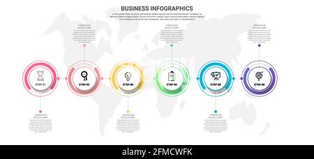 Modern and simple line vector illustration. Infographic template with six circles, elements, sectors and percentages. Designed for business Stock Vector