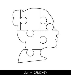 Black detailed woman face profile made up by six puzzles pieces on white Stock Vector