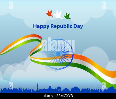 Happy Republic Day tricolor greeting origami paper style banner. Decorative Indian flag elements for national festival. Stock Vector