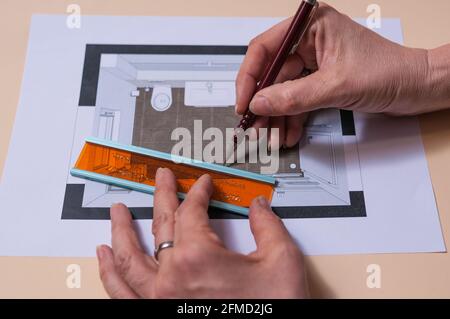 Planning a tubular bathroom with shower. This plan is drawn with a pencil and a template Stock Photo