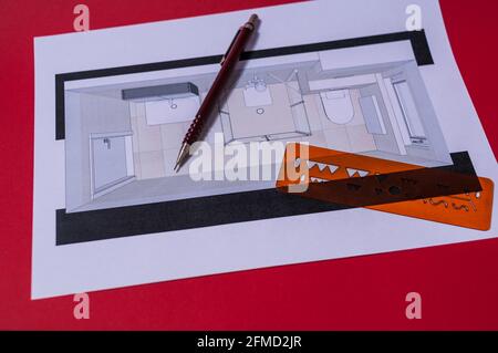 Planning a tubular bathroom with shower. A pencil and a stencil are on top Stock Photo