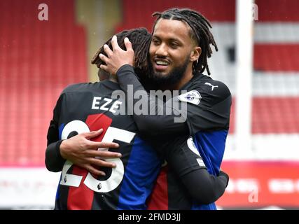 Crystal Palace's Jairo Riedewald (right) celebrates with goalscorer Eberechi Eze during the Premier League match at Bramall Lane, Sheffield. Picture date: Saturday May 8, 2021. Stock Photo