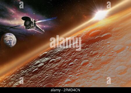 The lunar surface illuminated by the yellow dawn sun rays and spaceship flying from planet Earth towards the moon. Moon exploration concept. Elements Stock Photo