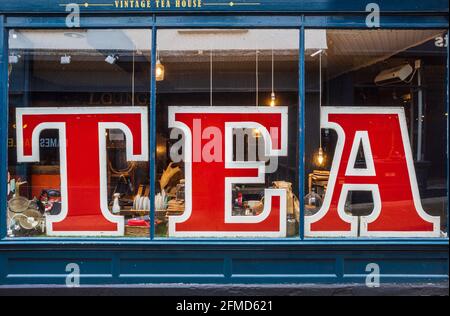 Tea Shop UK. English Tea Shop in Norwich UK. Biddi's Tea Room an independent Victorian-inspired tea house founded 2010. British Tea Shop. Stock Photo