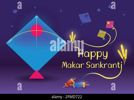 Happy Makar Sankranti festival greeting card with kites and decorative elements for website and social media. Beautiful festive vector illustration. Stock Vector