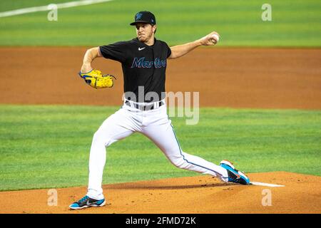 Miami, USA. 07th May, 2021. Miami Marlins pitcher Trevor Rogers (28) pitches during the first inning of an MLB game against the Milwaukee Brewers at loanDepot park in the Little Havana neighborhood of Miami, Florida, on Friday, May 7, 2021. (Photo by Daniel A. Varela/Miami Herald/TNS/Sipa USA) Credit: Sipa USA/Alamy Live News Stock Photo