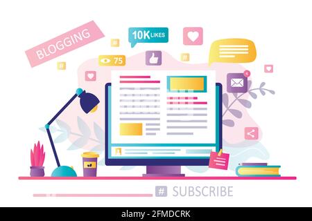 Blogging on desktop computer. Content development for online news, blogs and website, copywriting concept. Modern workplace. Blog webpage. Flat design Stock Vector