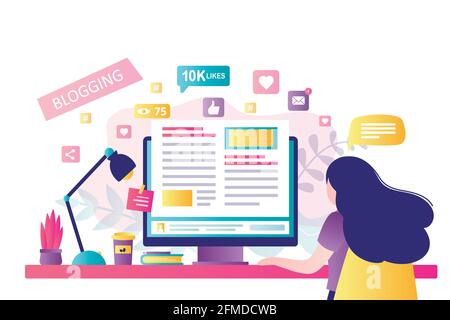 Blogging on desktop computer. Content development for online news, blogs and website, copywriting concept. Woman blogger or copywriter on modern workp Stock Vector