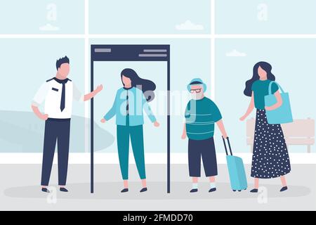 Woman walks through door frame metal detector. Airport security. Public transport safety concept. Staff and various passengers. Humans characters. Tre Stock Vector