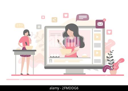 Cooking video blog on monitor display. Food blogger tells how to cook a dish. Woman chef teaches cooking new recipe. Female follower study prepare foo Stock Vector