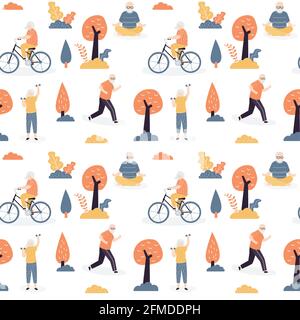 Seamless pattern with elderly people are engage in physical activity.Varios outdoors sport active for old people. Health care of aged humans texture b Stock Vector