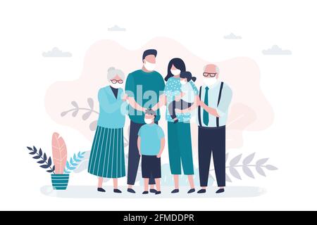 People in safety masks stop the spread of viruses. Family portrait. Happy parents with children. Grandparents, Mother,father and two kids. Cute huge f