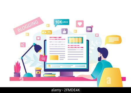 Blogging on desktop computer. Content development for online news, blogs and website, copywriting concept. Man blogger or copywritter on modern workpl Stock Vector
