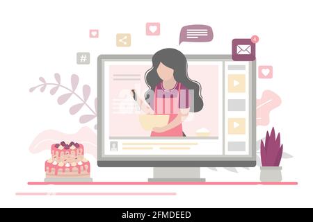 Cooking video blog on monitor display. Food blogger tells how to cook holiday cake. Woman chef teaches cooking a new recipe. Female vlogger character Stock Vector