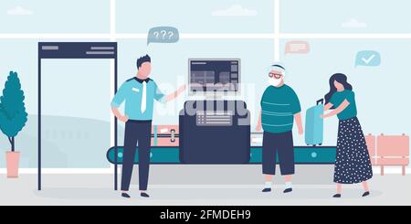 Airport security. X-ray luggage scanner, safety frame. Checking baggage inside airport. Public transport safety concept. Staff and various passengers. Stock Vector