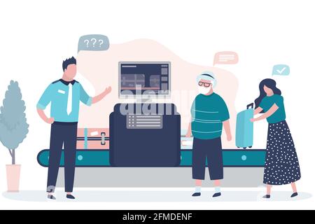 Airport security. X-ray luggage scanner. Checking baggage inside airport. Public transport safety concept. Staff and various passengers. Trendy style Stock Vector