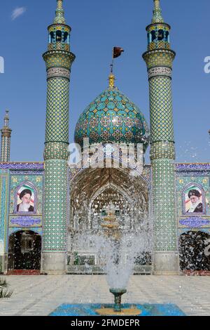 Holy shrine of Imamzadeh Hilal ibn Ali or Blue Mosque with fountain in foreground in Aran va Bidgol. Iran. Stock Photo