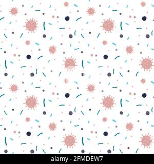 Seamless pattern with coronavirus and bacteria. Viral infection texture background.  Microbiology disease causing elements. Trendy vector illustration Stock Vector