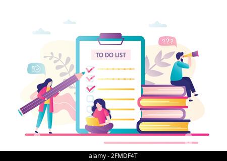 Time management, persons planning work. To do list planner and group businesspeople. Office day, project and teamwork. Tiny people do tasks and check Stock Vector