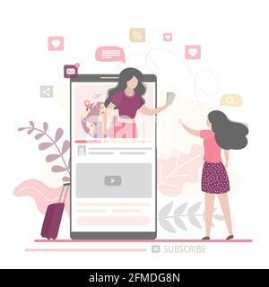 Beauty woman blogger talks about flights and travels. Travel blog page and female vlogger on smartphone screen. Consumer follower watching video conte Stock Vector