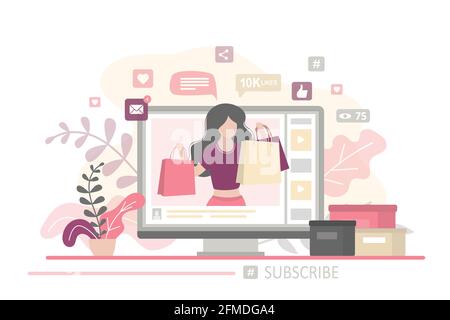 Web page on monitor screen, boxes with goods near. Beauty woman blogger takes shopping review on trendy fashion channel to her subscribers. Video cont Stock Vector
