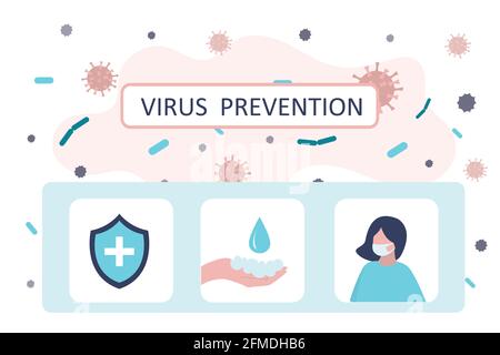 Virus prevention concept banner. Cards with security shield, wear protective mask and washing hands with soap. Health care concept. Global epidemic or Stock Vector