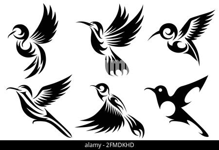 Line art Vector illustration six image set of flying hummingbirds. Suitable for making logos Stock Vector