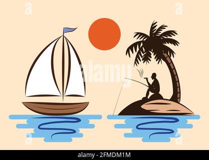 A man are fishing and smoking comfortably. On an island in the middle of the sea that has coconut trees. And there is a sailboat floating next to it Stock Vector